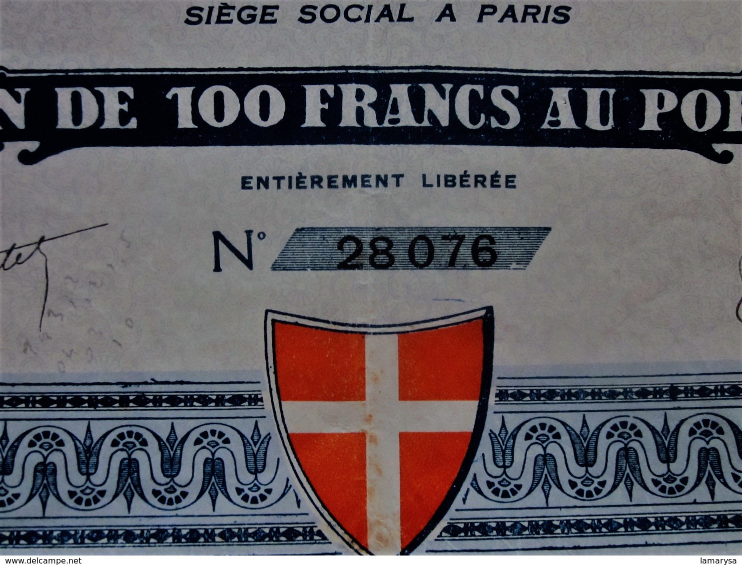 PARIS 1923 "GRAND CASINO DE CHAMONIX - MONT-BLANC  ACTION / TITRE DE 100fr AU PORTEUR ENTIÈREMENT LIBÉRÉE- SCRIPOPHILIE - Casino