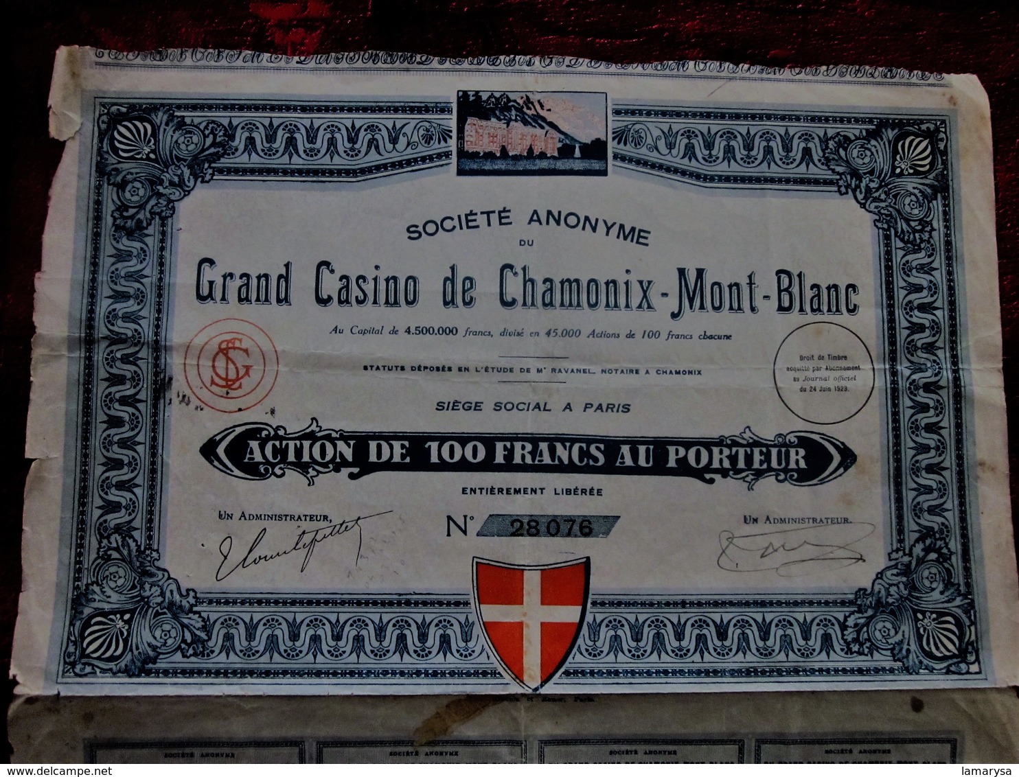 PARIS 1923 "GRAND CASINO DE CHAMONIX - MONT-BLANC  ACTION / TITRE DE 100fr AU PORTEUR ENTIÈREMENT LIBÉRÉE- SCRIPOPHILIE - Casino'