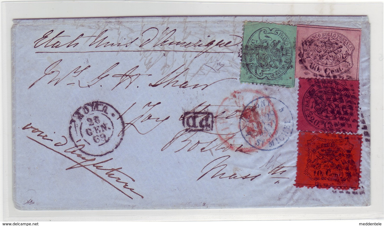 ITALY - 4 Colour 1869 Cover From ROMA To BOSTON-USA Via ENGLAND - E. DIENA Certificate - Stato Pontificio