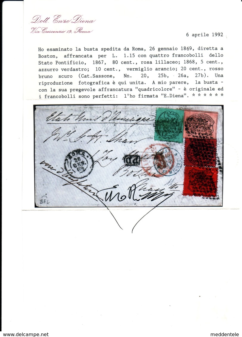 ITALY - 4 Colour 1869 Cover From ROMA To BOSTON-USA Via ENGLAND - E. DIENA Certificate - Kirchenstaaten