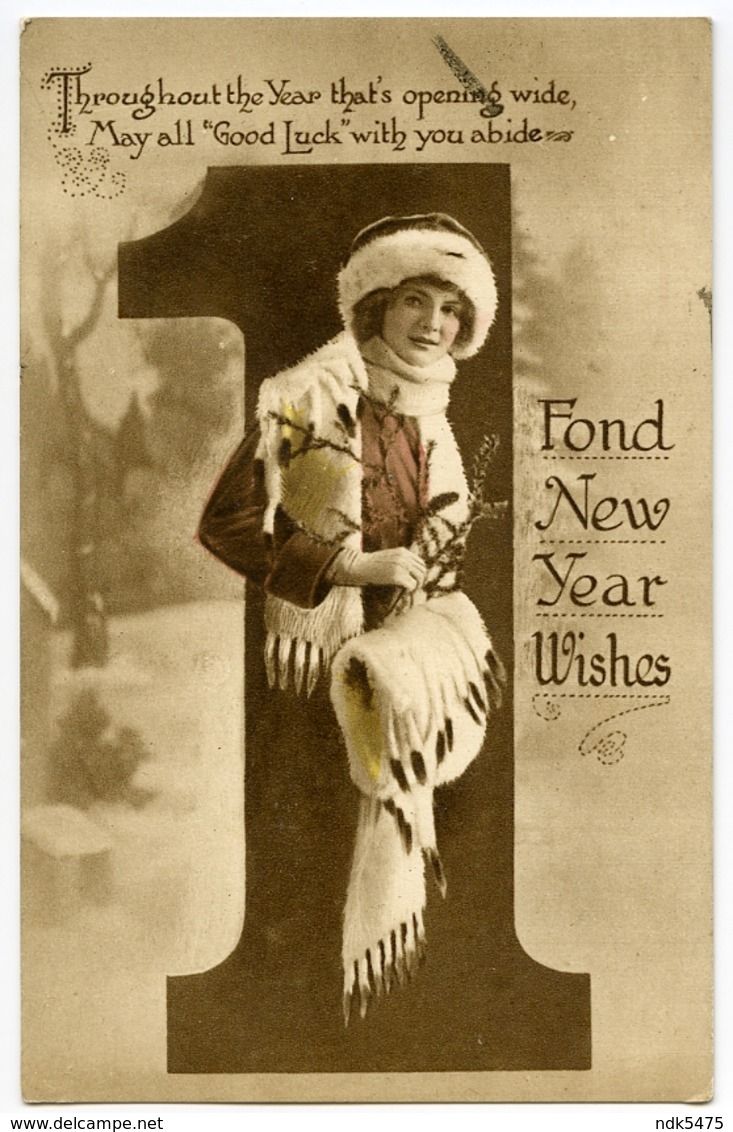 FOND NEW YEAR WISHES (PRETTY LADY WITH FUR HAT, SCARF AND MUFF) - New Year