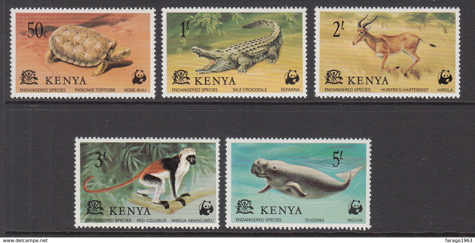 1977 Kenya WWF Endangered Animals, Tortoise, Crocodile, Hartebeest, Red Colobus, Dugong Set Of 5 MNH - Nuovi