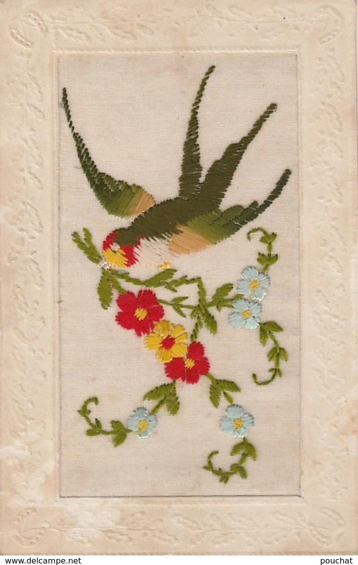 C20- CARTE BRODÉE - FLEURS AVEC OISEAU ROUE GORGE  - 2 SCANS) - Brodées