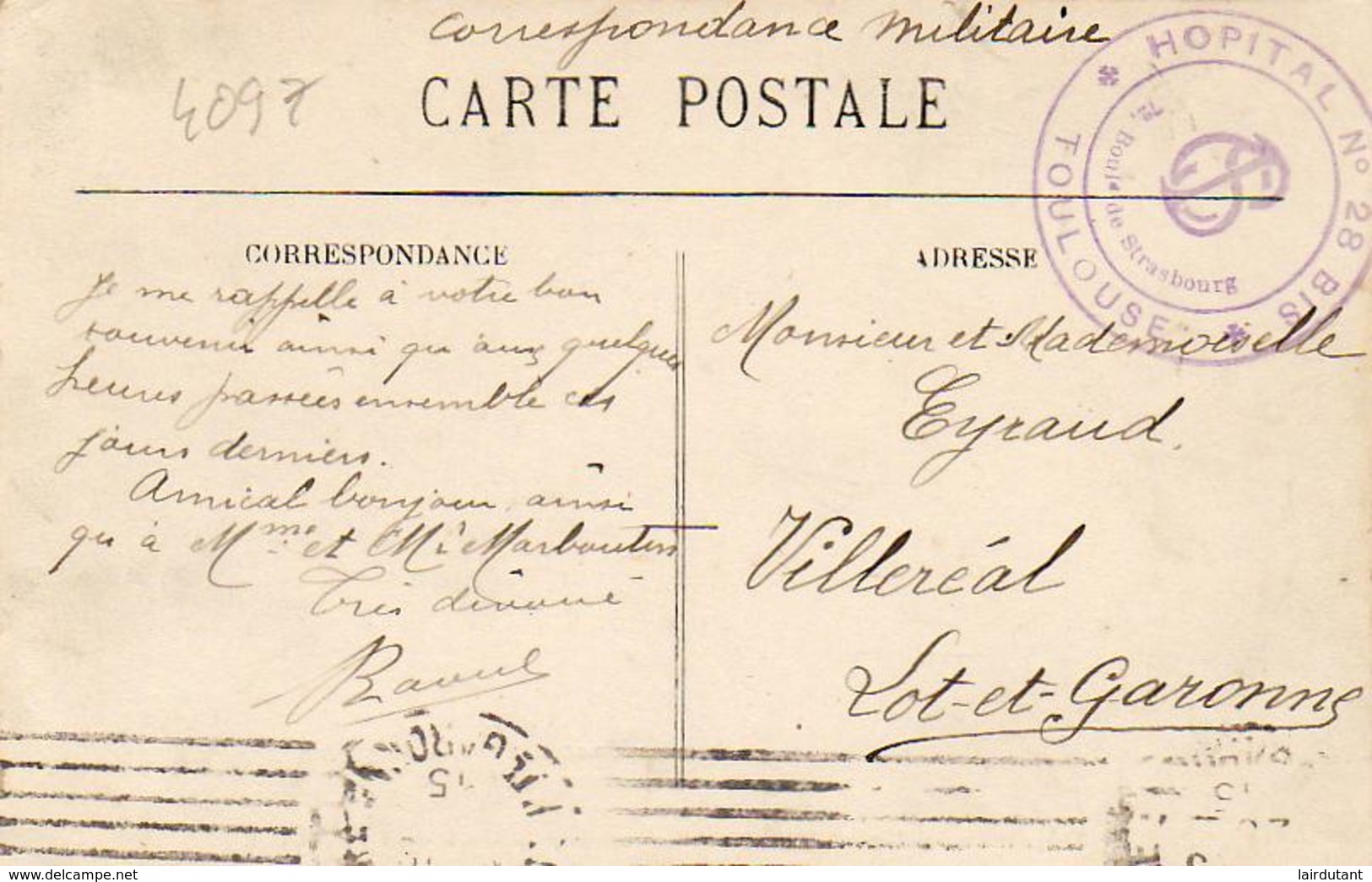 D31  TOULOUSE  HÔPITAL AUXILIAIRE N° 301 ( Surcharge Manuscrite 28 Bis ) 72 Bd De Strasbourg Cachet Au Dos - Toulouse