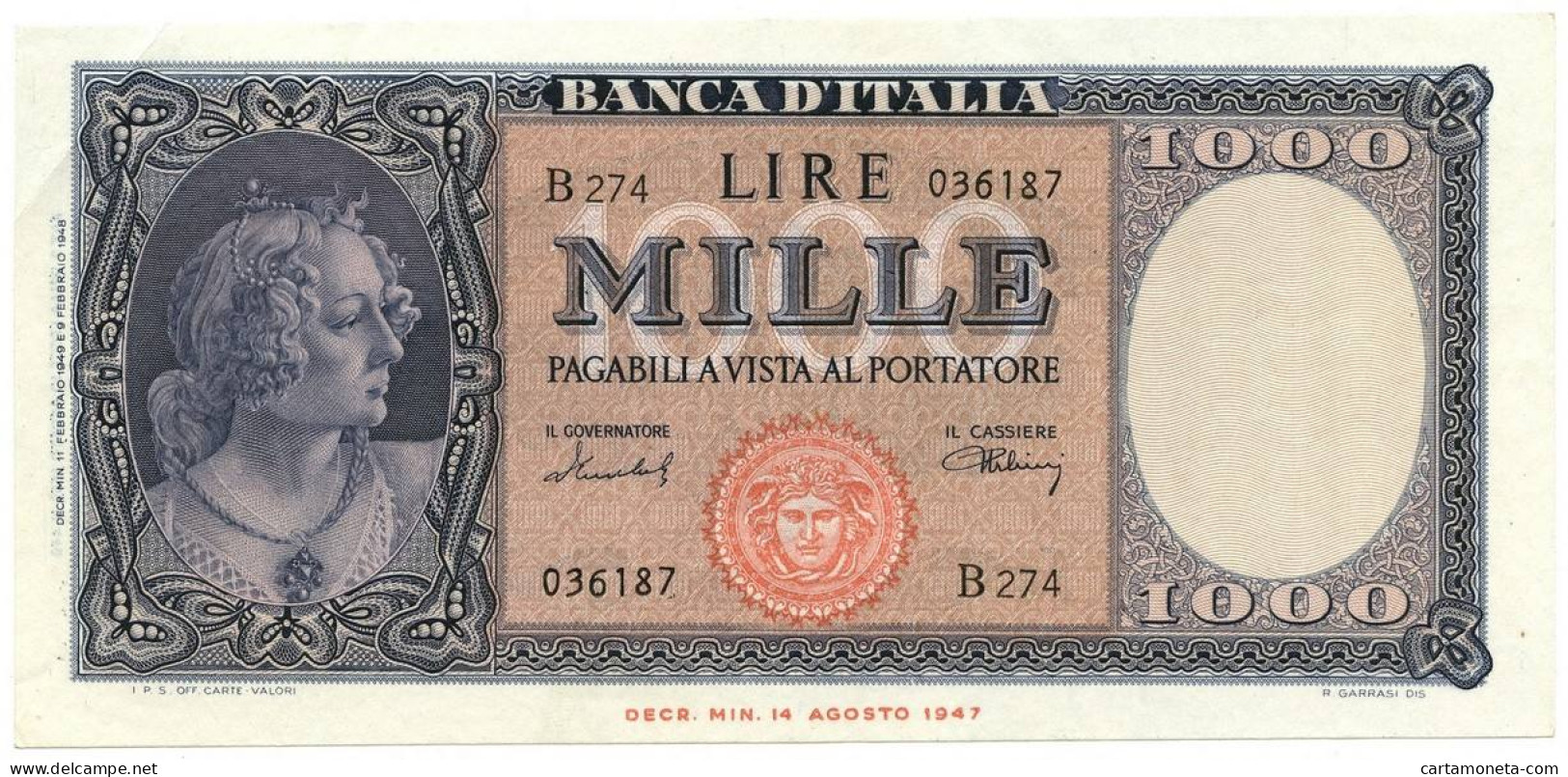 1000 LIRE ITALIA ORNATA DI PERLE MEDUSA 11/02/1949 SPL+ - Other & Unclassified