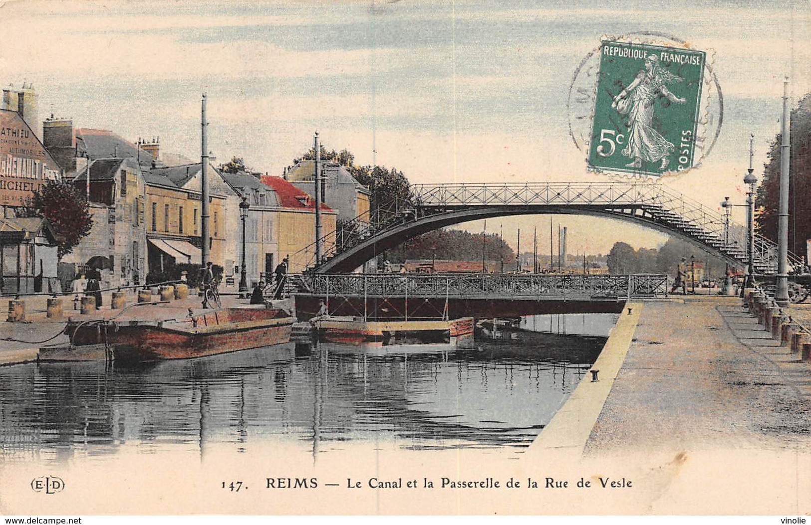 PIE.T Bl.19-7056 : REIMS. LA CANAL ET LA PASSERELLE. CARTE COLORISEE. - Reims