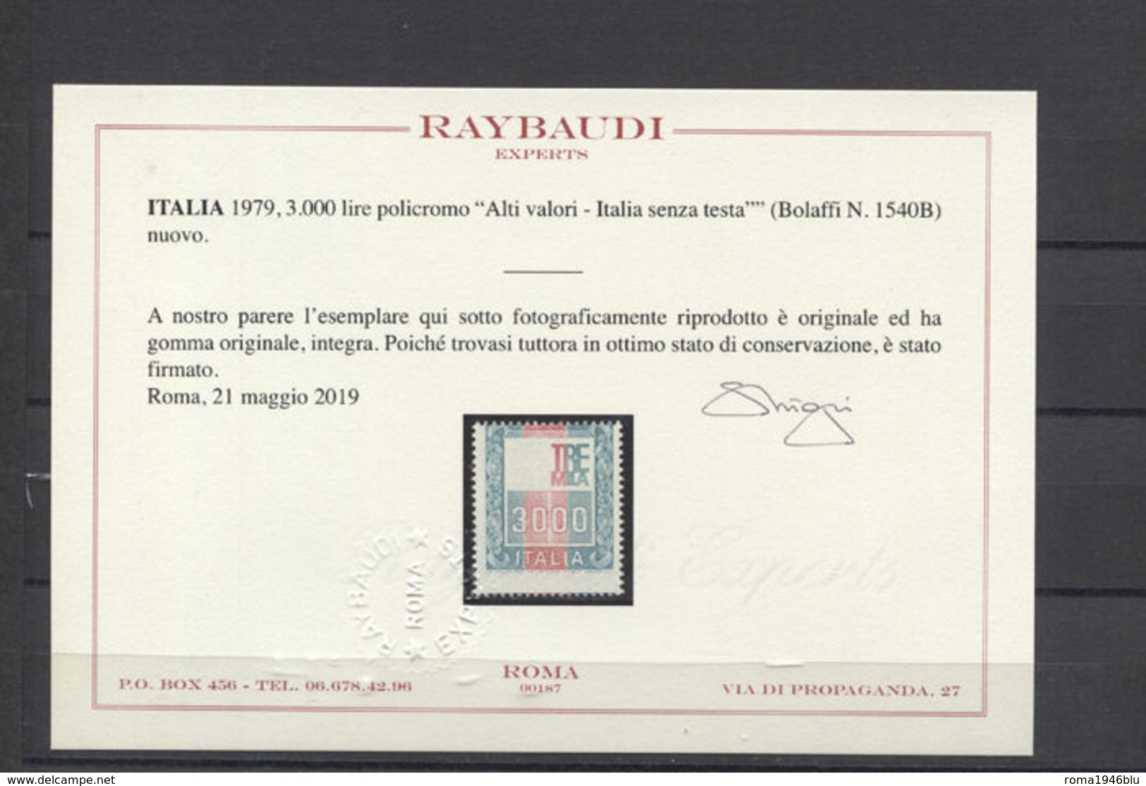 REPUBBLICA ITALIA 1979 ALTI VALORI 3000 LIRE VARIETA' ITALIA SENZA TESTA **MNH C. RAYBAUDI - Varietà E Curiosità