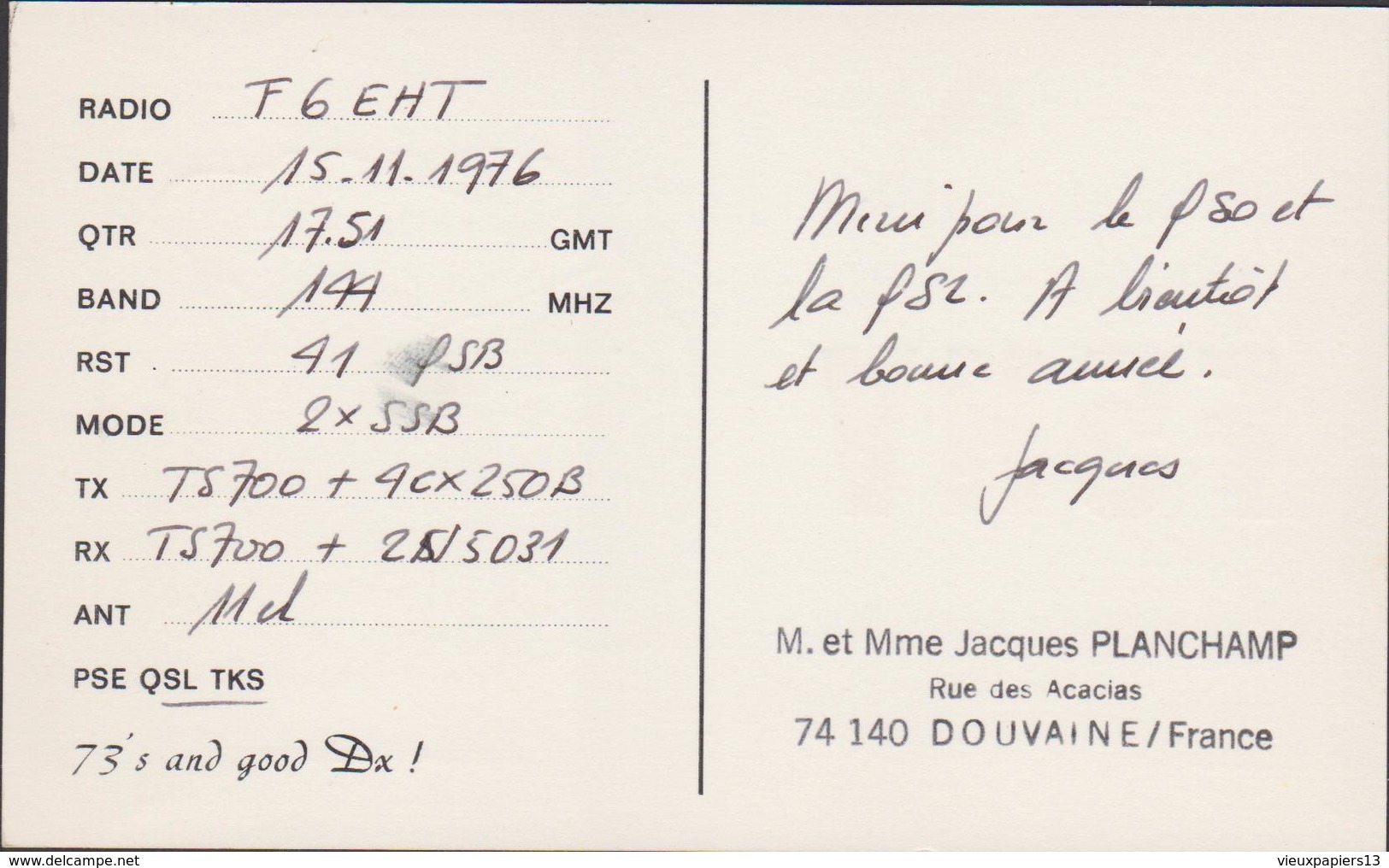 Carte Radio Amateur QSL DOUVAINE 74 Haute Savoie - Jacques Planchamp - Alpes County F5HV - 1976 - Douvaine
