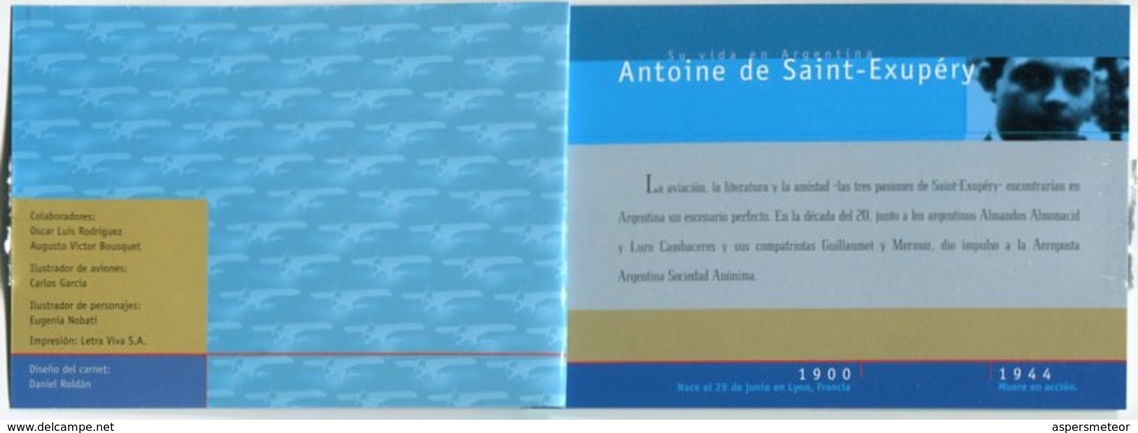 ANTOINE DE SAINT-EXUPERY. CARNET DE SELLOS POSTALES, ARGENTINA AÑO 2000 TBE MNH AVIADOR ESCRITOR WRITER AVIATOR - LILHU - Flugzeuge