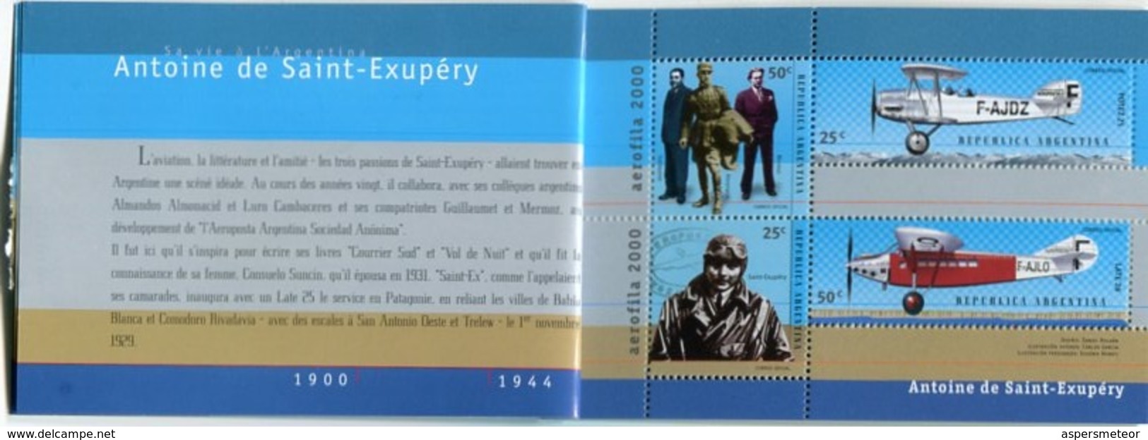 ANTOINE DE SAINT-EXUPERY. CARNET DE SELLOS POSTALES, ARGENTINA AÑO 2000 TBE MNH AVIADOR ESCRITOR WRITER AVIATOR - LILHU - Flugzeuge