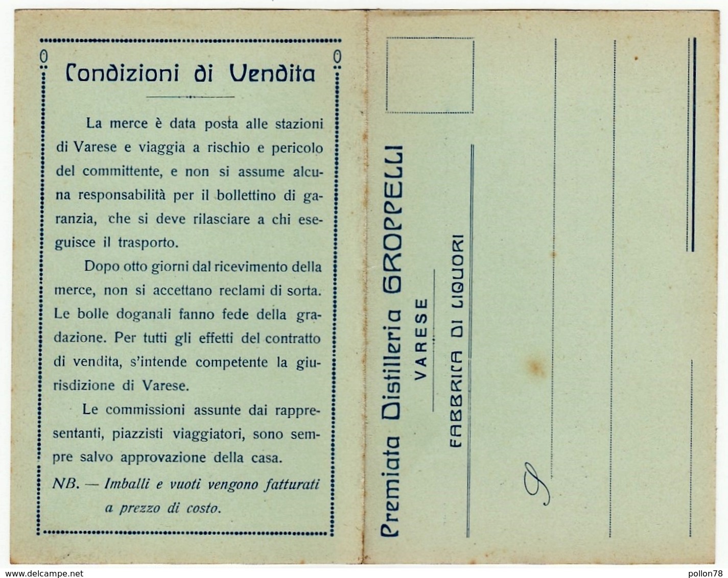 PREMIATA DISTILLERIA GROPPELLI - VARESE - FABBRICA DI LIQUORI - CARTOLINA PER ORDINI - ANNI '20 - Vedi Scansioni - Altri & Non Classificati