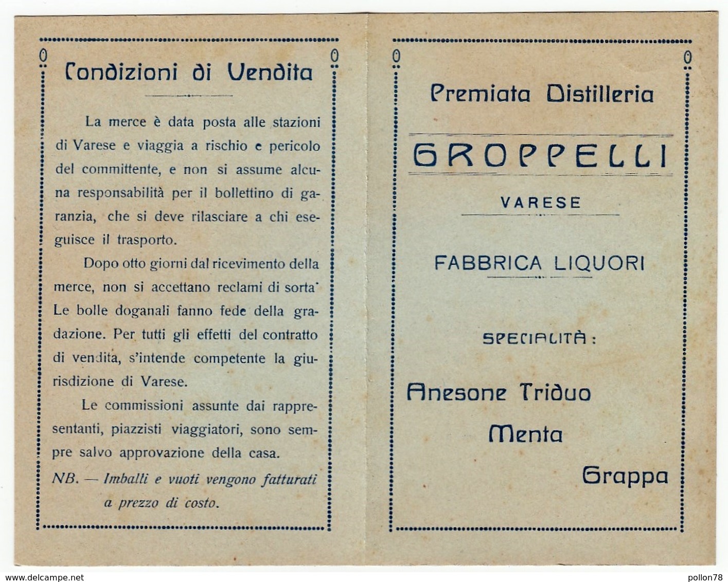 PREMIATA DISTILLERIA GROPPELLI - VARESE - FABBRICA DI LIQUORI - CARTOLINA PER ORDINI - ANNI '20 - Vedi Scansioni - Altri & Non Classificati