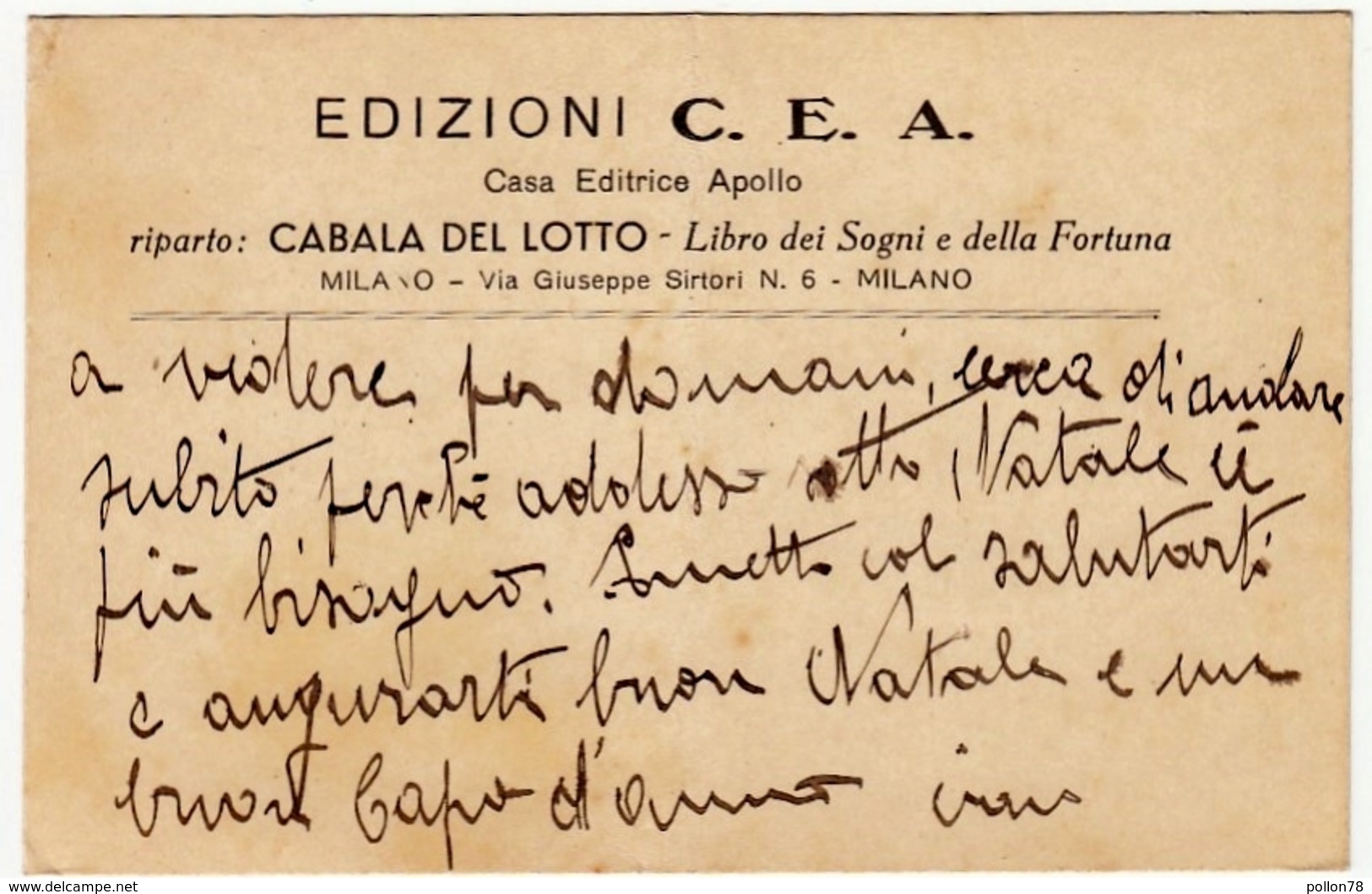 BIGLIETTI DA VISITA - EDIZIONI C. E. A. - CASA EDITRICE APOLLO - RIPARTO: CABALA DEL LOTTO - 1933 - Vedi Retro - Cartoncini Da Visita