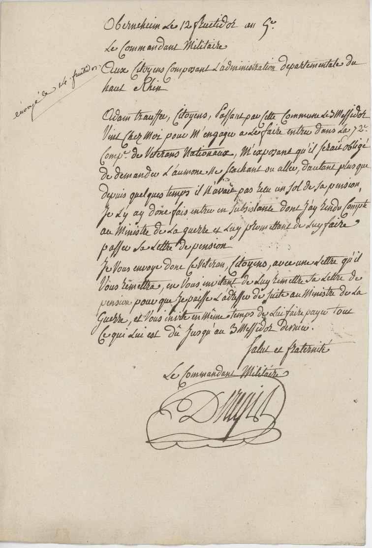 Franchise Obernai An 5 - 29.8.1797 Le Commandant Militaire "Pension" - 1701-1800: Vorläufer XVIII