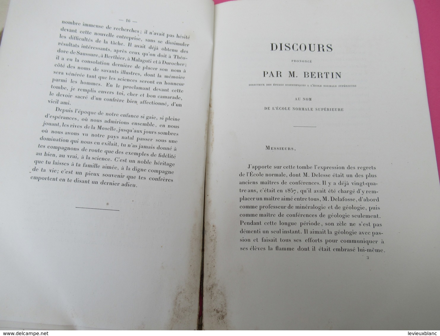 Géologie/Discours prononcés aux funérailles d'Achille DELESSE/par Daubrée,Barral,Bertin,Risler,etc/1881      MDP85