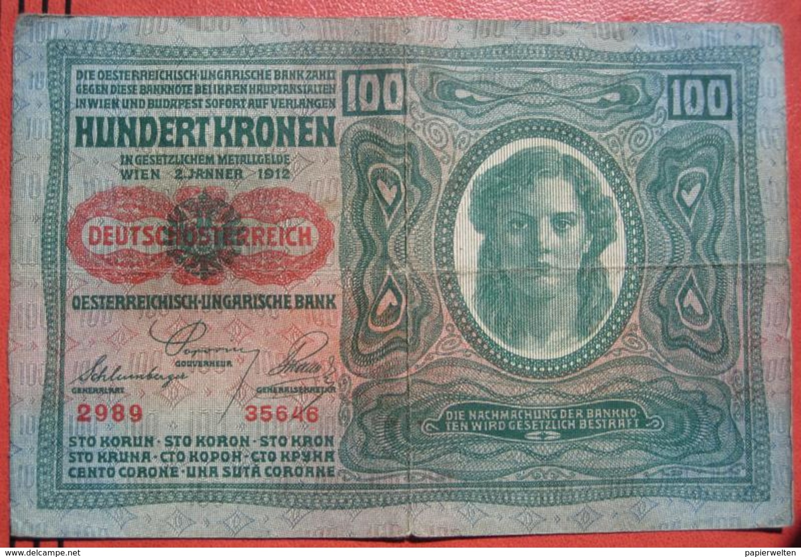 100 Kronen 2.1.1912 (WPM 56) Both Sides Text German - Overprint / Überdruck "Deutschösterreich" (1920) Papier Dick - Oostenrijk