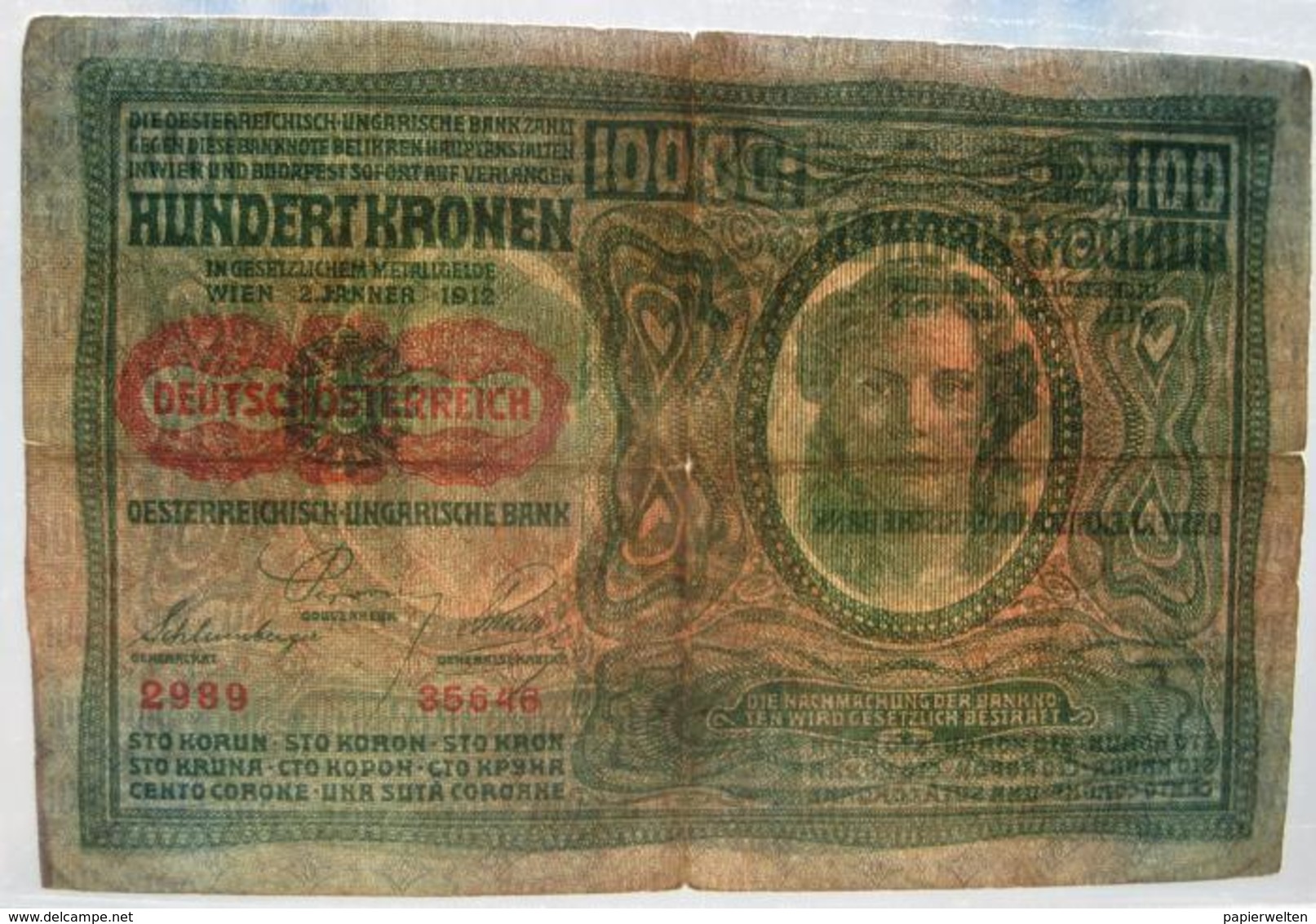 100 Kronen 2.1.1912 (WPM 56) Both Sides Text German - Overprint / Überdruck "Deutschösterreich" (1920) Papier Dick - Oostenrijk