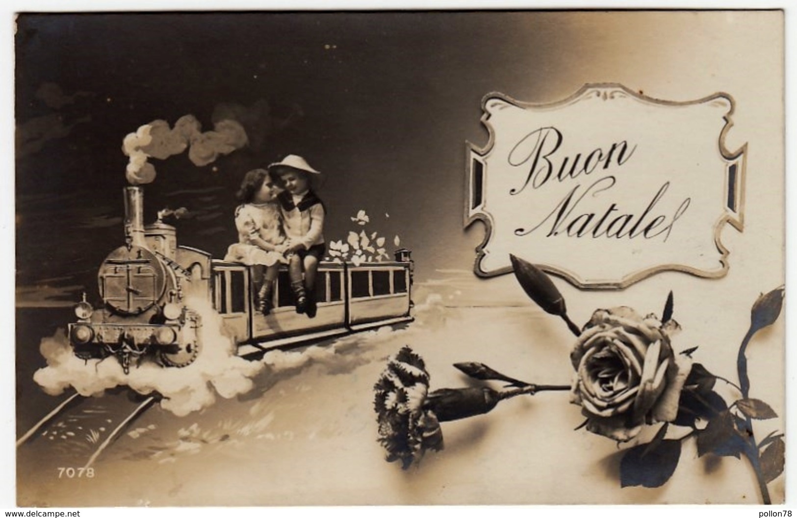 BUON NATALE - COPPIA BAMBINI SU TRENO - 1912 - Vedi Retro - Formato Piccolo - Santa Claus