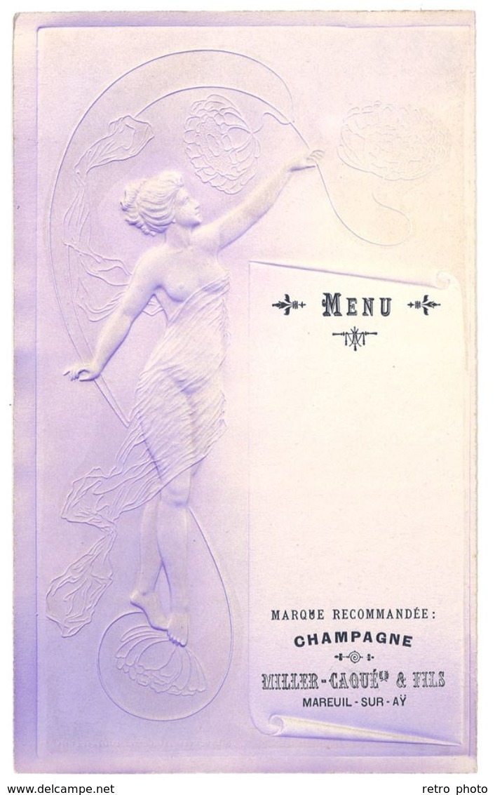 Menu Champagne Miller Caqué & Fils, Mareuil Sur Ay ( Femme Nue Style Art Nouveau, Gaufré, Superbe ) - Menus