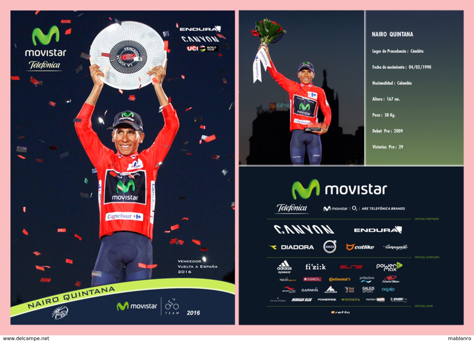 CARTE CYCLISME NAIRO QUINTANA VAINQUEUR TOUR D'ESPAGNE 2016 - Cyclisme