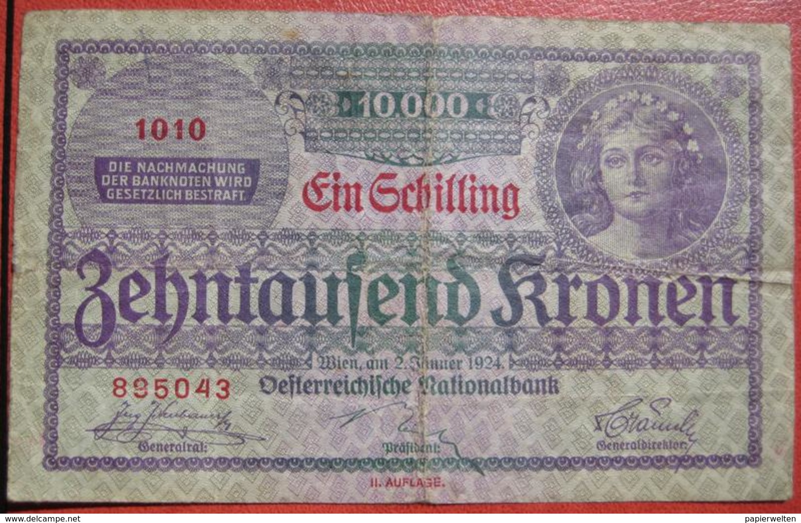 10000 Kronen 2.1.1924 (WPM 87) - Overprint / Überdruck "1 Schilling" - Austria