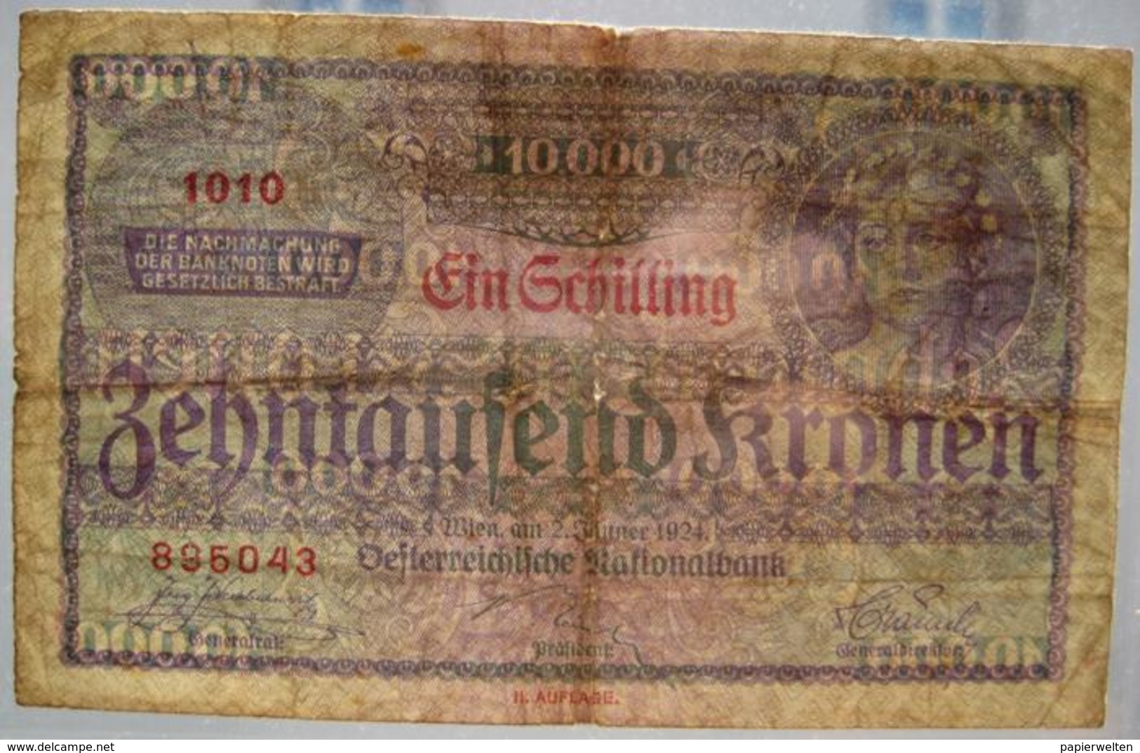 10000 Kronen 2.1.1924 (WPM 87) - Overprint / Überdruck "1 Schilling" - Austria