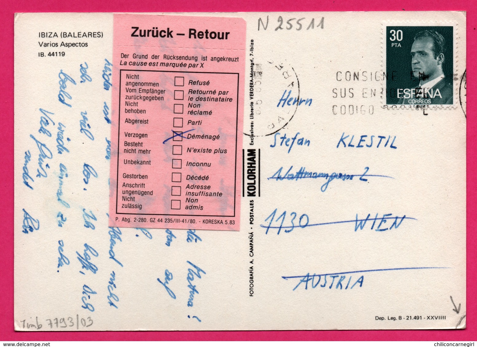 Consigne En Sus - Zurück Retour - 1965 - Wien - Déménagé - Ibiza - Multivues - Varios Aspectos - Edit. KOLORHAM - Lettres & Documents