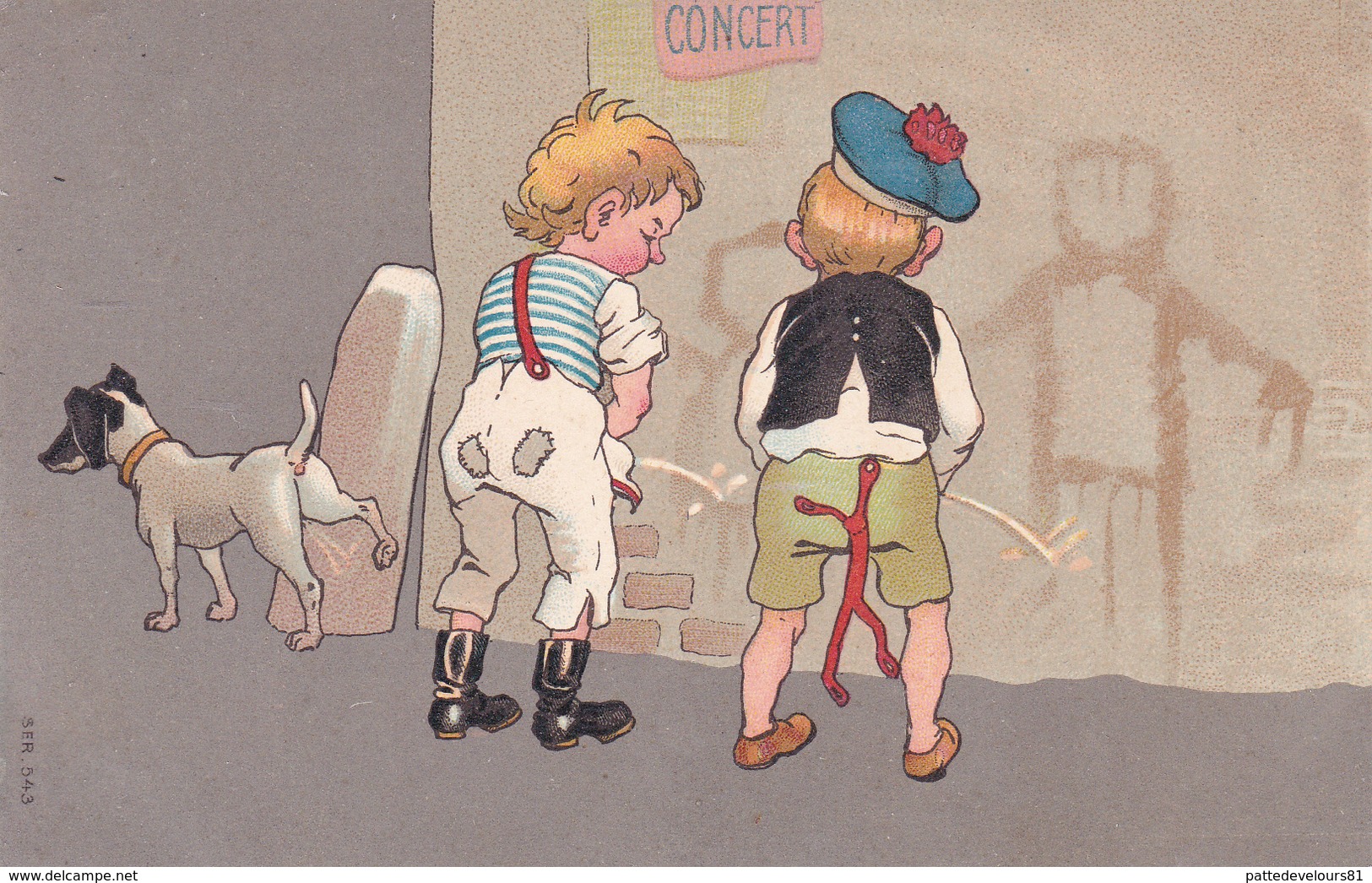 CPA Enfant Garçonnets Faisant Pipi Concours Urine Pisse Ainsi Qu' Un Chien Dog Illustrateur Anonyme - 1900-1949