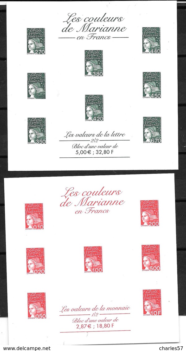 Les Couleurs De Marianne En FRANCS Rouge Et En Vert (voir Le Détail) - Documents De La Poste