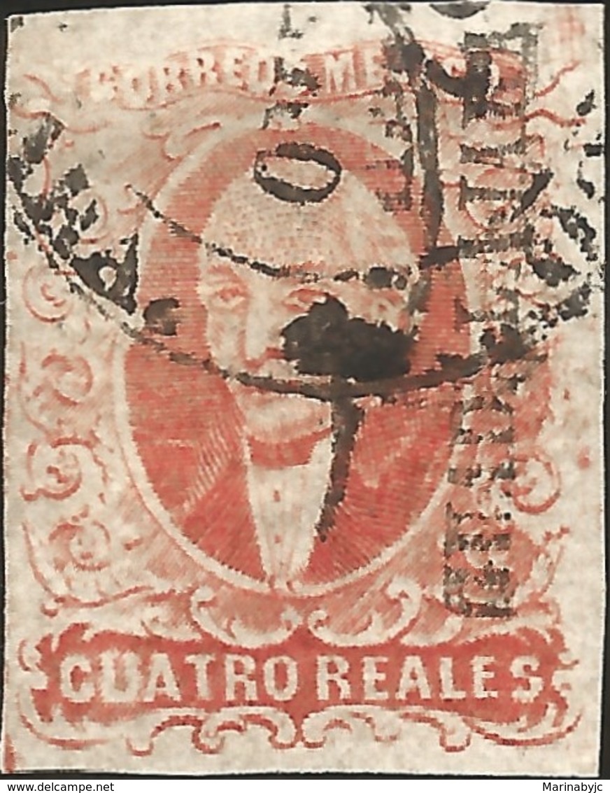 J) 1856 MEXICO, HIDALGO, GUADALAJARA DISTRICT, 4 REALES RED, CIRCULAR CANCELLATION, MN - Mexico