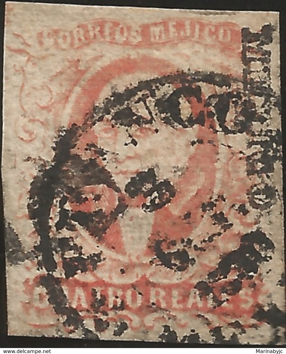 J) 1856 MEXICO, HIDALGO, 4 REALES RED, MEXICO DISTRICT, WOVE PAPER, CIRCULAR CANCELLATION, MN - Mexico