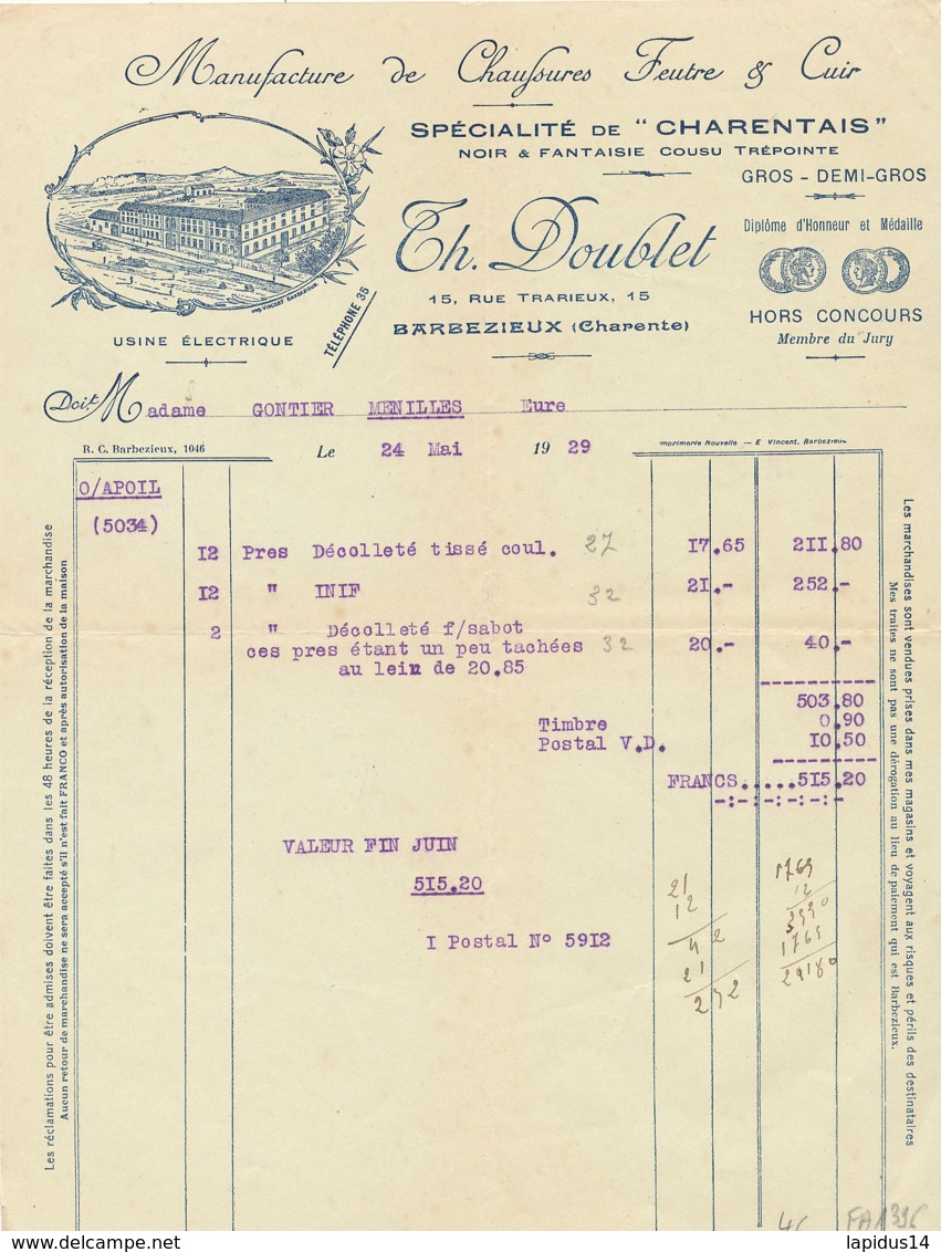 FA 1396 - FACTURE  MANUFACTURE DE CHAUSSURES  ET FEUTRE  & CUIR  TH. DOUBLET  BARBEZIEUX    1929 (   CHARENTE  ) - Other & Unclassified