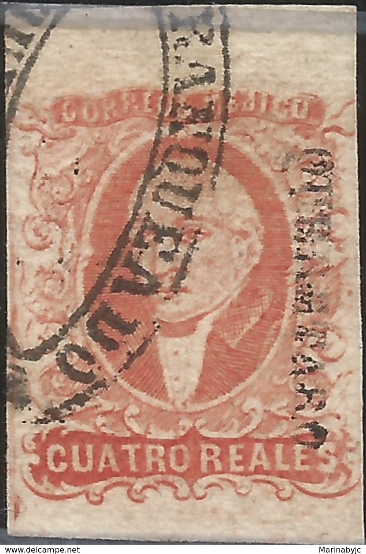 J) 1856 MEXICO, HIDALGO, JUMBO MARGINS, 4 REALES RED, OVAL CANCELLATION, QUERETARO DISTRICT, MN - Mexico