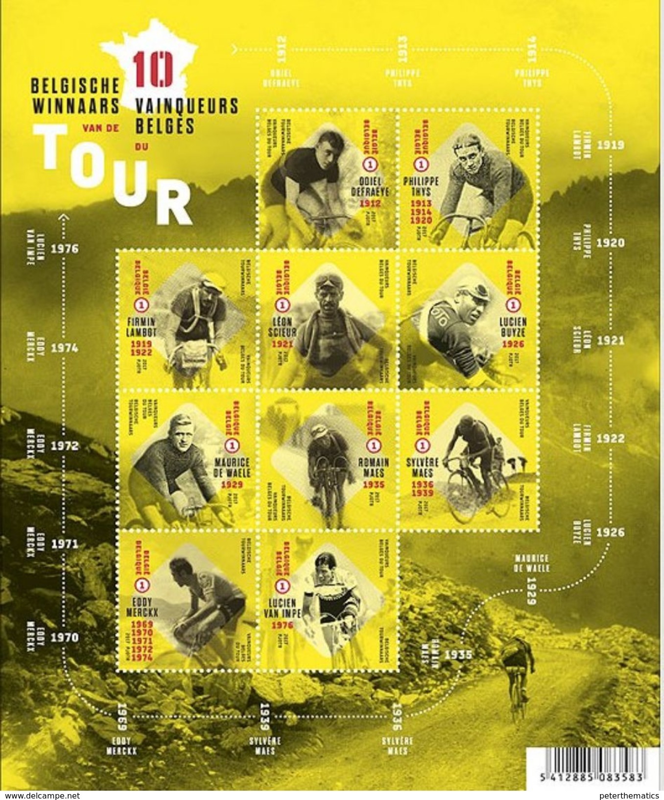 BELGIUM , 2017, MNH, CYCLING, TOUR DE FRANCE, BELGIAN WINNERS OF TOUR DE FRANCE,  SHEETLET - Cycling