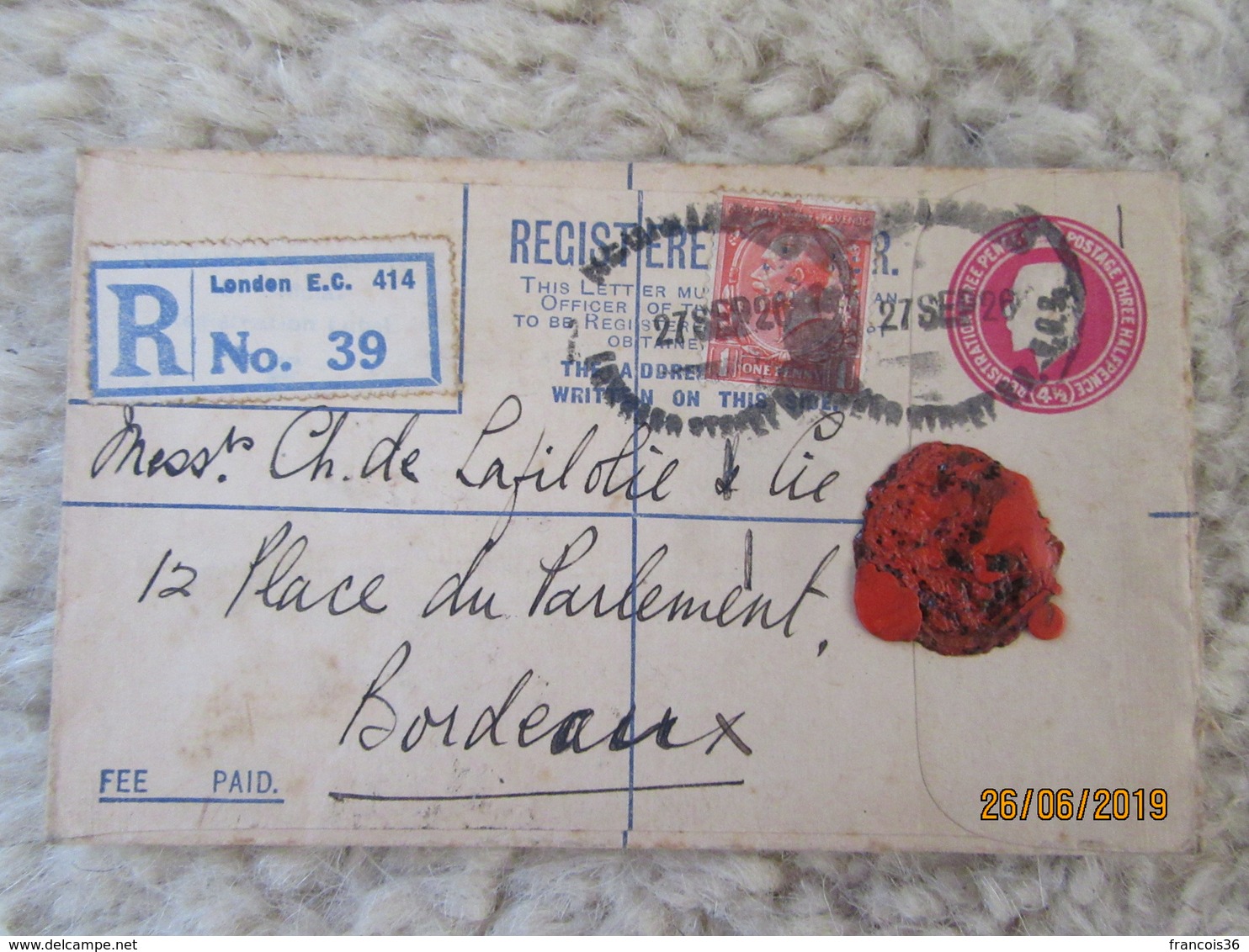 Entier Postal Lettre Recommandée Avec Cachet De Cire - Registered Letter 1928 To Bordeaux - Postal Stationery - Lettres & Documents