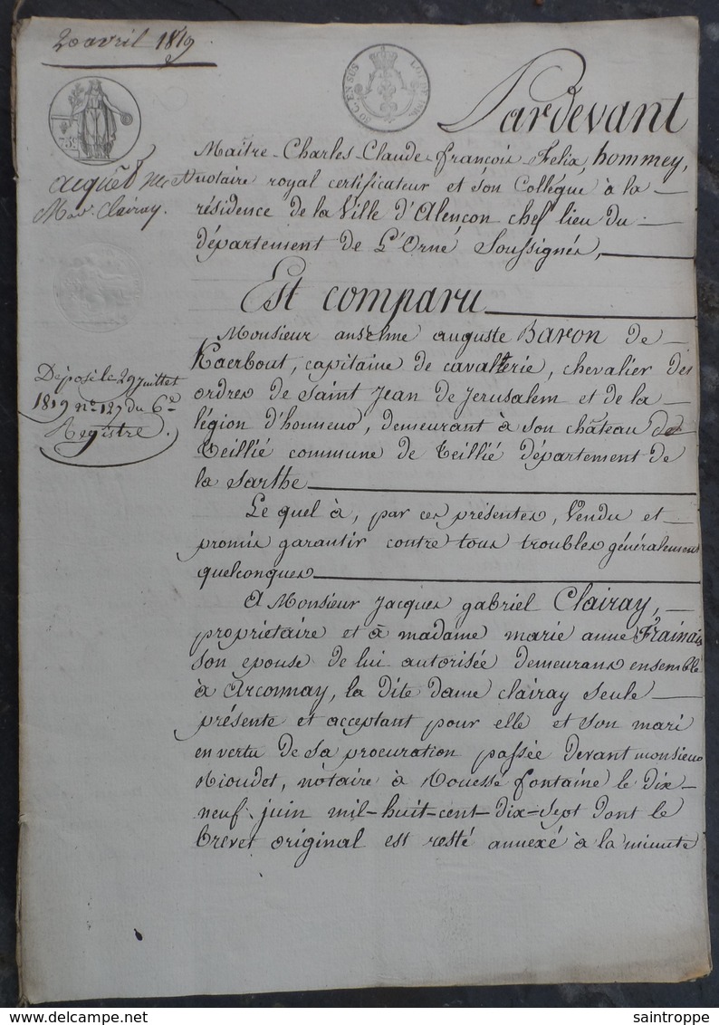 Manuscrit De1819.Baron De Kaerbout En Son Château De Teillé(Sarthe),vend à J.Clairay La Ferme De La Monnerie à Bouillon - Manuscritos