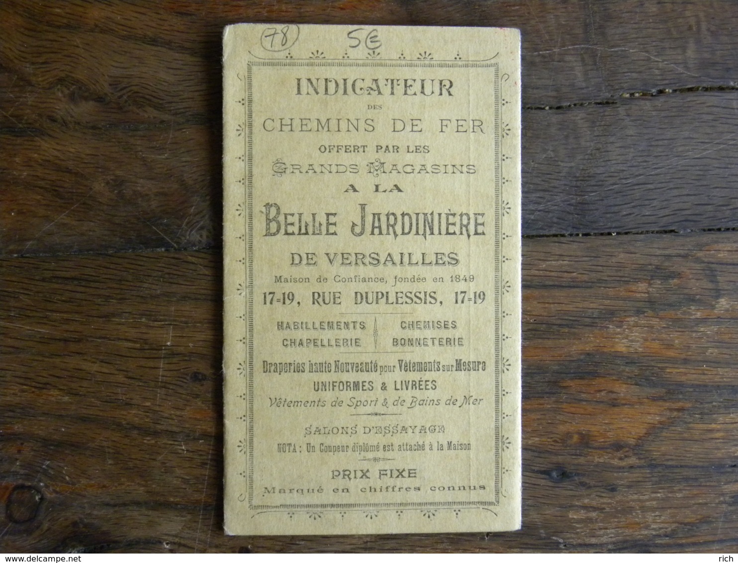 (78) Yvelines - Indicateur Des Chemins De Fer Offert  Grands Magasins De Versailles  - A La Belle Jardinière 28,5x12,3cm - Europe