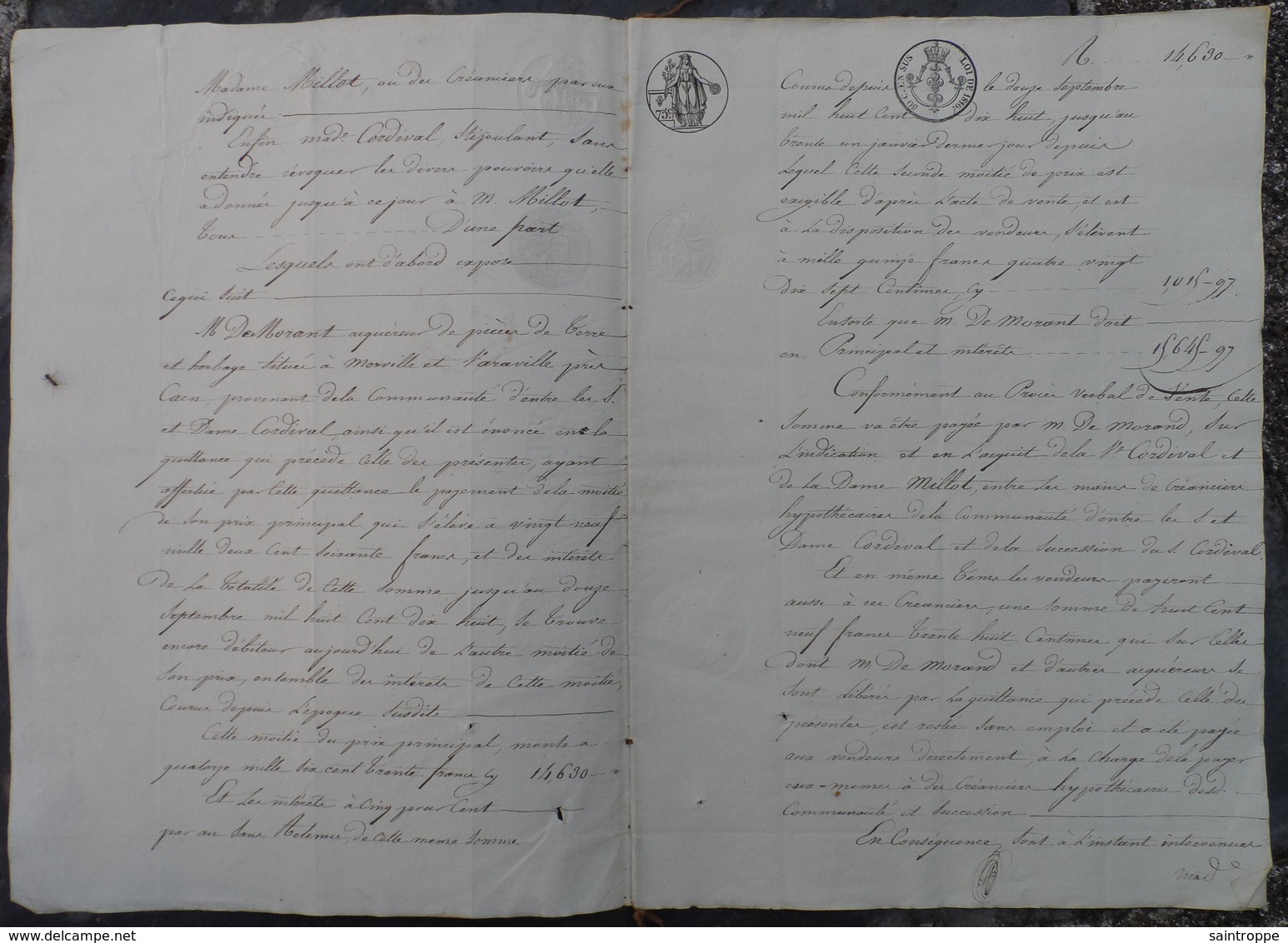 Manuscrit De1818.Mme Vve Cordival Vend à M.De Morant Des Terres à Merville,Varaville Près Caen. - Manuscrits