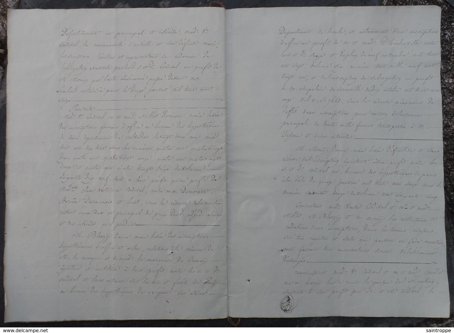 Manuscrit de1818.M.Demorant à Varaville adjudicataire des biens Cordival à Merville,Varaville,.....