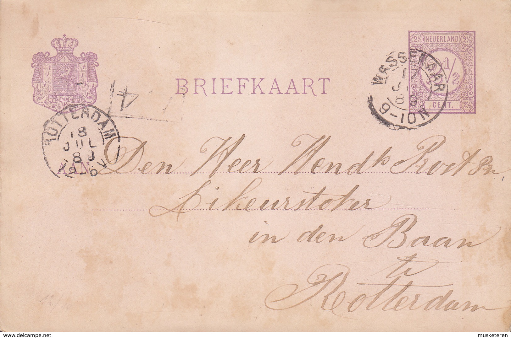 Netherlands Postal Stationery Ganzsache 2½c. Ziffer WASSENAAR 1889 LIKEURSTOFER In ROTTERDAM (2 Scans) - Ganzsachen