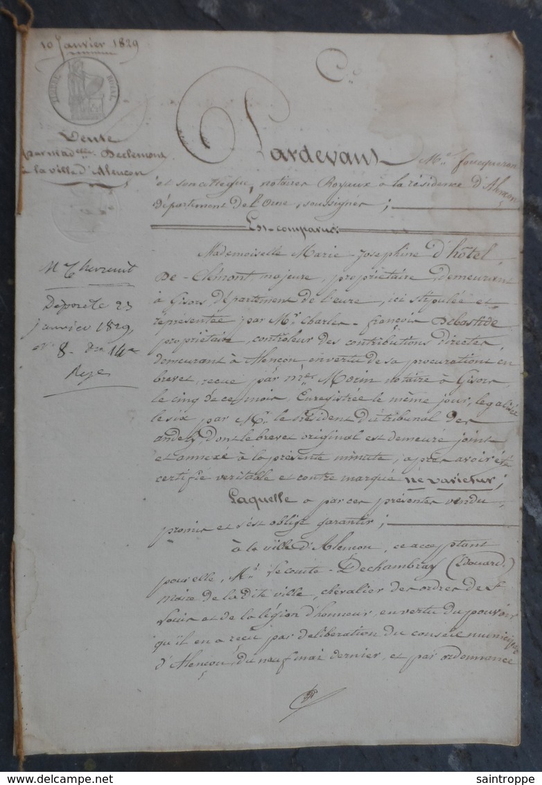 Manuscrit De1829.Marie D'Hôtel De Clémont à Gisors,vend à La Ville D'Alençon Une Maison Destinée Au Presbytère  Du Curé. - Manuscripts