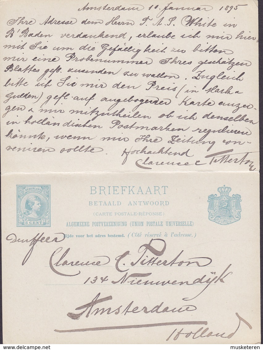 Netherlands UPU Postal Stationery Ganzsache 5/5c. Wilhelmina Met Betaald Antwoord AMSTERDAM 1895 CHARLOTTENBURG Berlin - Ganzsachen