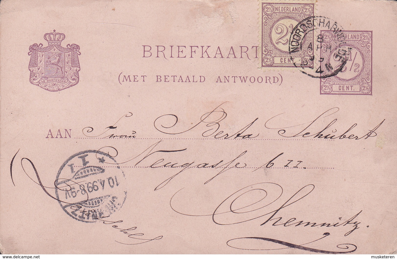 Netherlands Uprated Postal Stationery Ganzsache Met Betaad Antwoord (Frage) NOORDSCHARWOUDE 1899 CHEMNITZ (Arr.) Germany - Ganzsachen