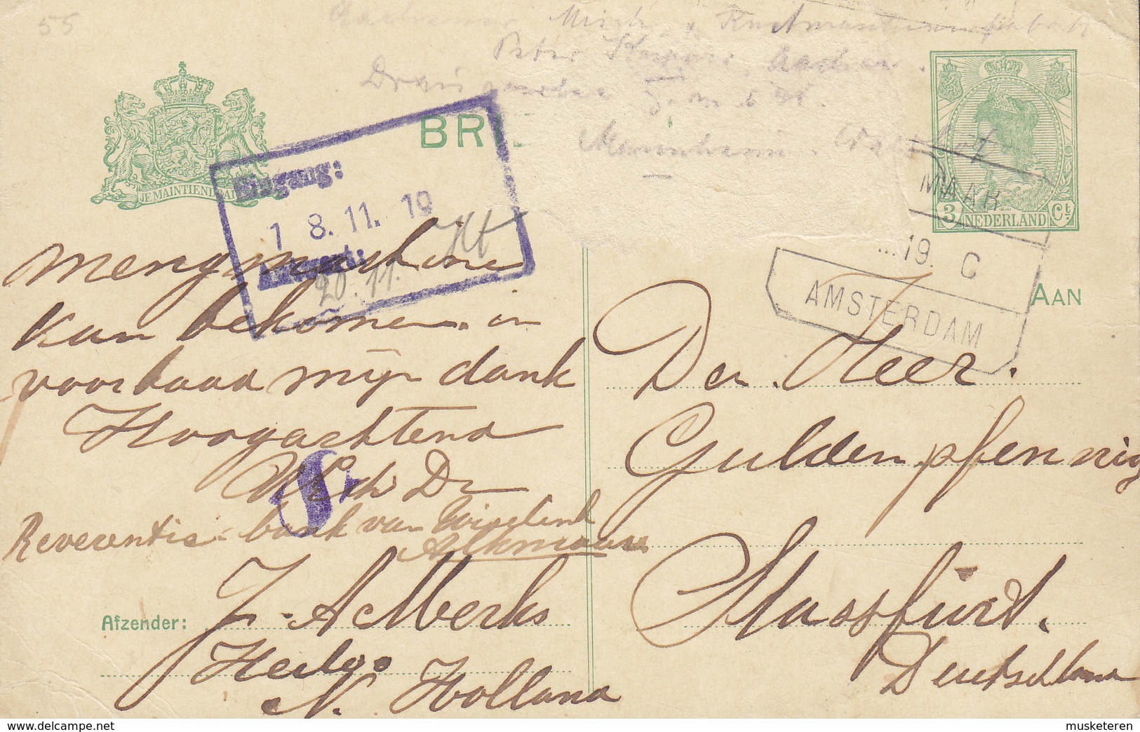 Netherlands (Uprated) Postal Stationery Ganzsache Bahnpost Railway Cds. ALKMAAR-AMSTERDAM 1919 STRASSFURT Germany - Ganzsachen