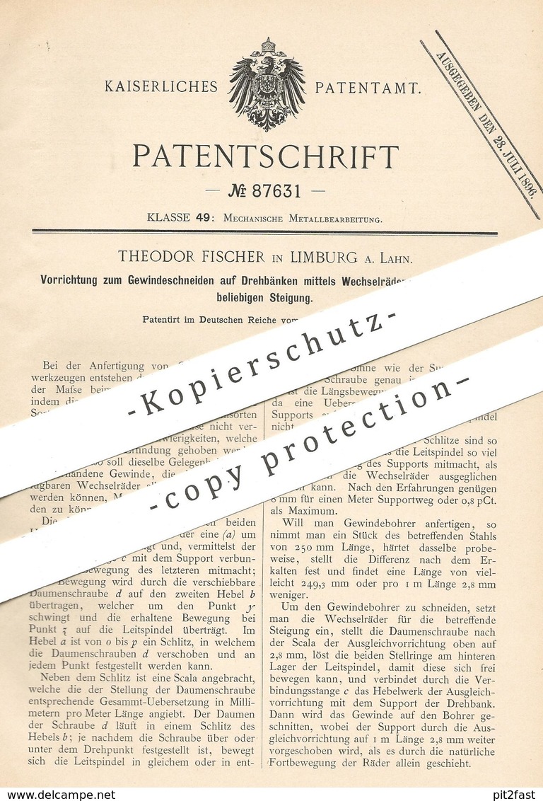 Original Patent - Theodor Fischer , Limburg / Lahn , 1895 , Gewindeschneiden Auf Drehbank | Metall | Stahl , Eisen !!! - Historische Dokumente