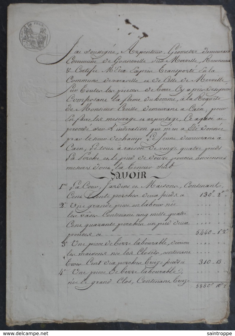 Manuscrit De1808.Rapport Du Géomètre Arpenteur Delamare à Gonneville,concernant Des Terres à Varaville. - Manoscritti