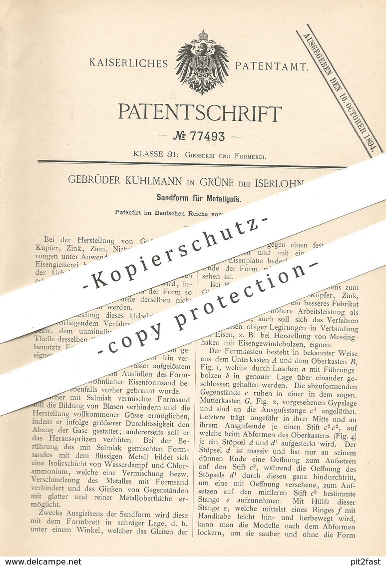 Original Patent - Gebrüder Kuhlmann , Grüne / Iserlohn , 1894 , Sandform Für Metallguss | Guss - Form | Eisen , Stahl ! - Historische Dokumente