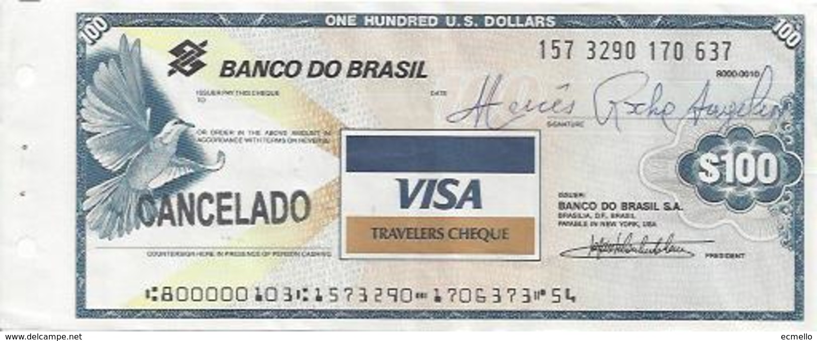 TRAVELLERS CHEQUE BRAZIL CANCELLED US$100 BANCO DO BRAZIL RARE 1990'S - Cheques & Traverler's Cheques