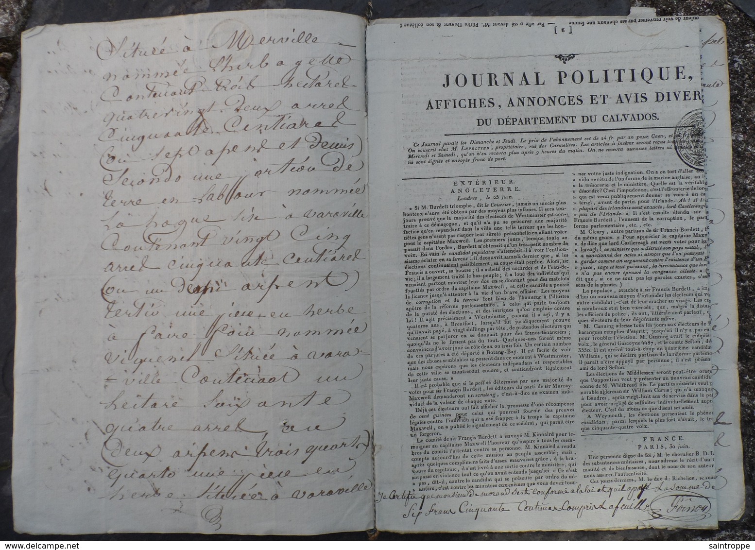 Manuscrit De1818.Succession Cordival à Merville,Varaville,avec Journal D'annonces Et Hypothèques. - Manuskripte
