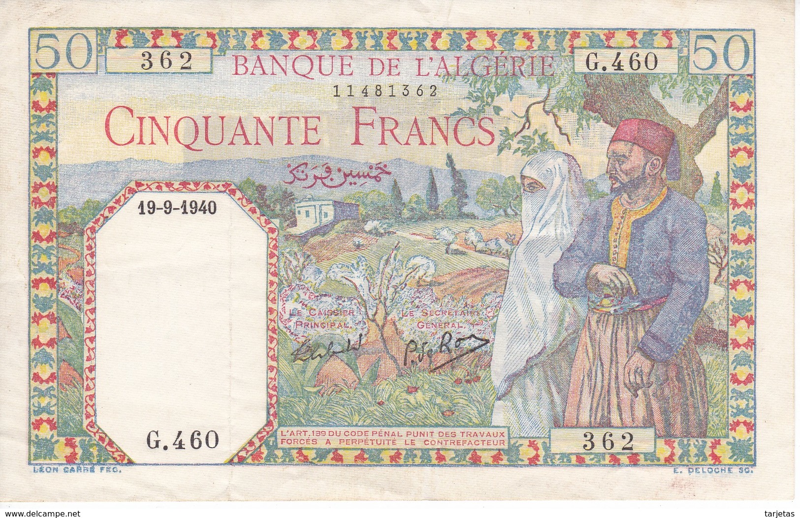 BILLETE DE ARGELIA DE 50 FRANCS DEL AÑO 1940 EN CALIDAD MBC(VF) (BANKNOTE) - Algerien